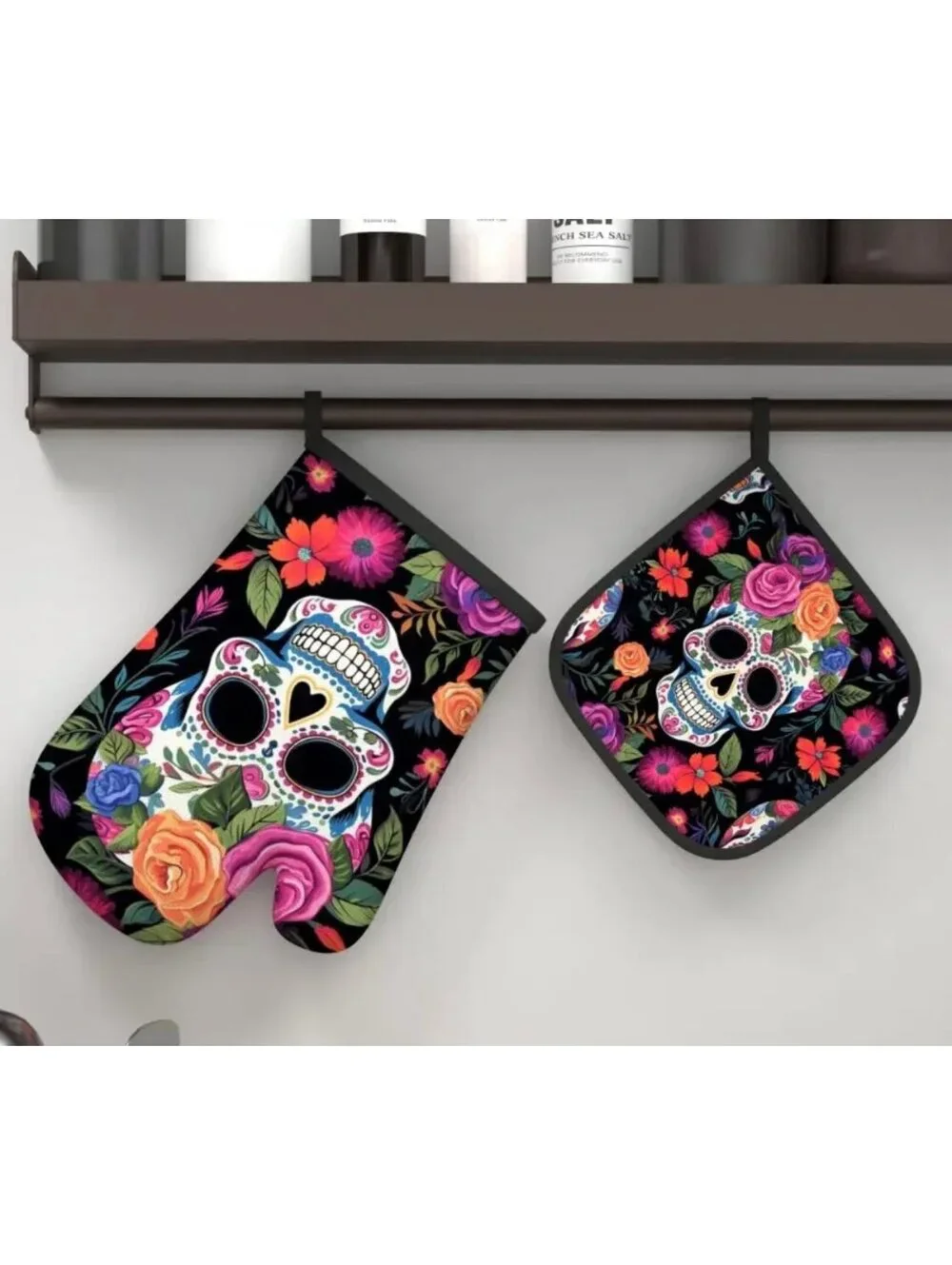New - 2pcs Floral Skull - Oven Mitts and Pot Holders Set